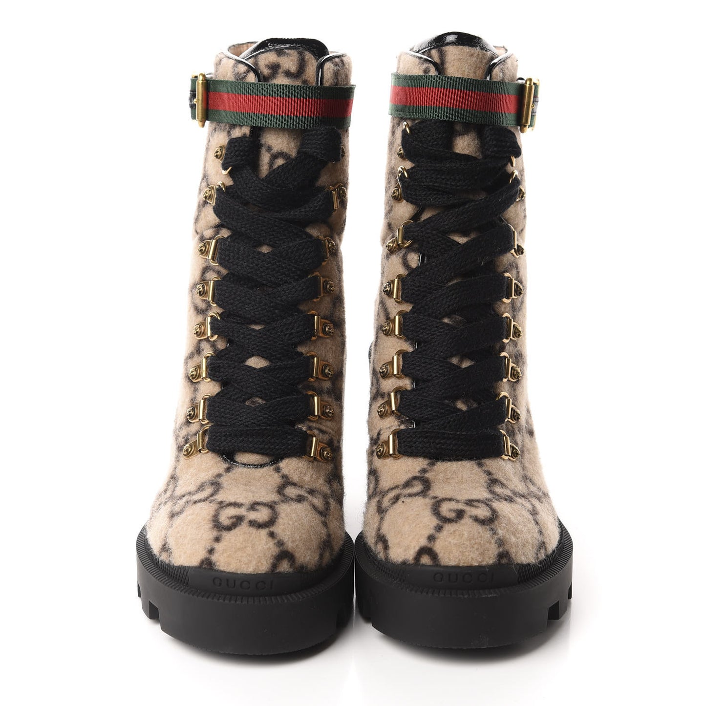 Covered Wool GG Monogram Womens Lace Up Combat Ankle Boots 37 Beige Ebony Black