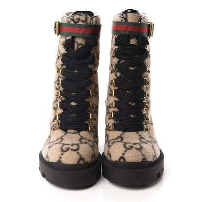 Gucci Covered Wool GG Monogram Womens Lace Up Combat Ankle Boots 37 Beige Ebony Black 2 of 9