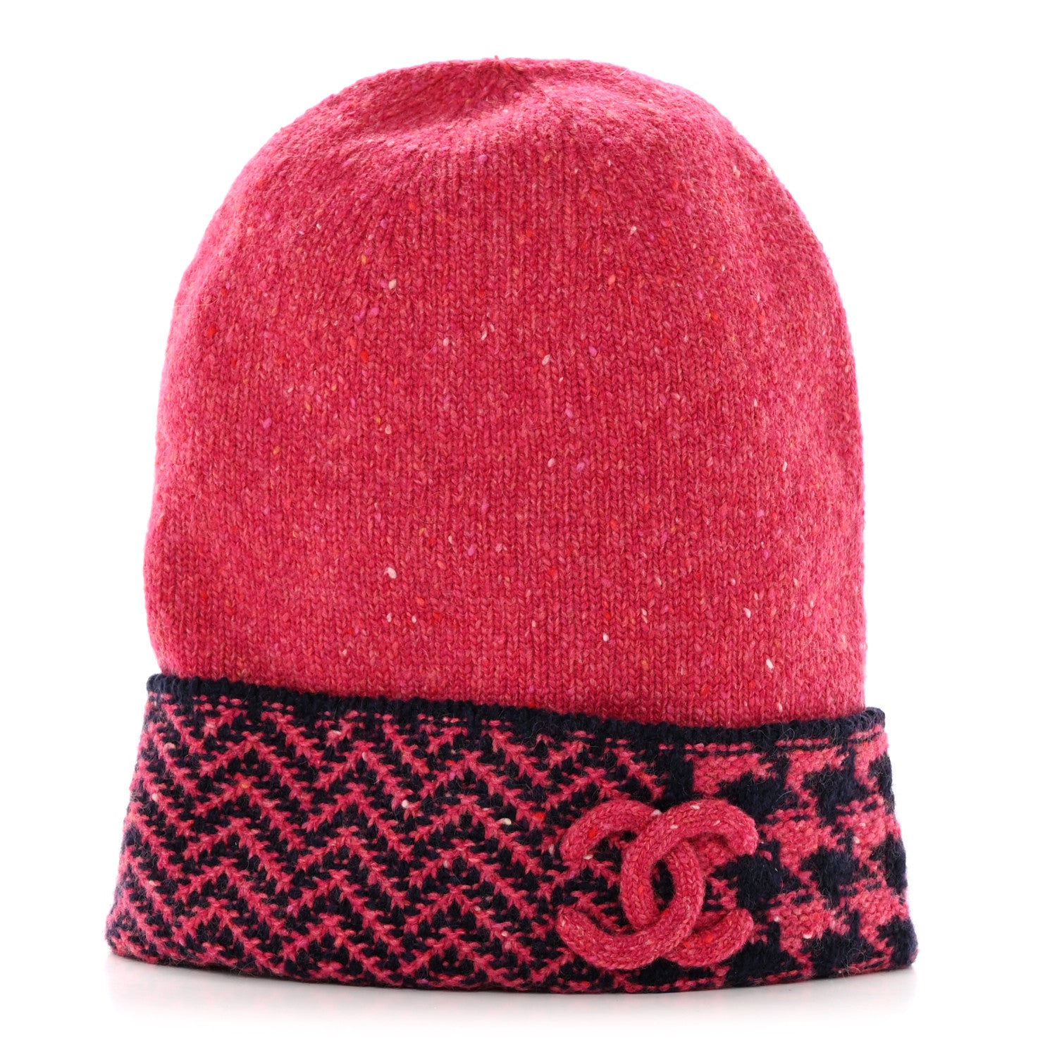 Chanel Cashmere Houndstooth CC Beanie Hat Pink Navy Blue 1 of 6