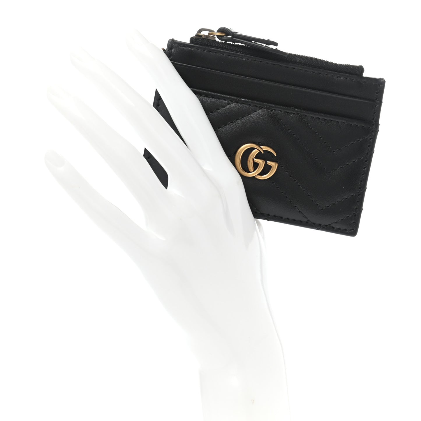 Calfskin Matelasse Chevron GG Marmont Key Case Card Holder Black