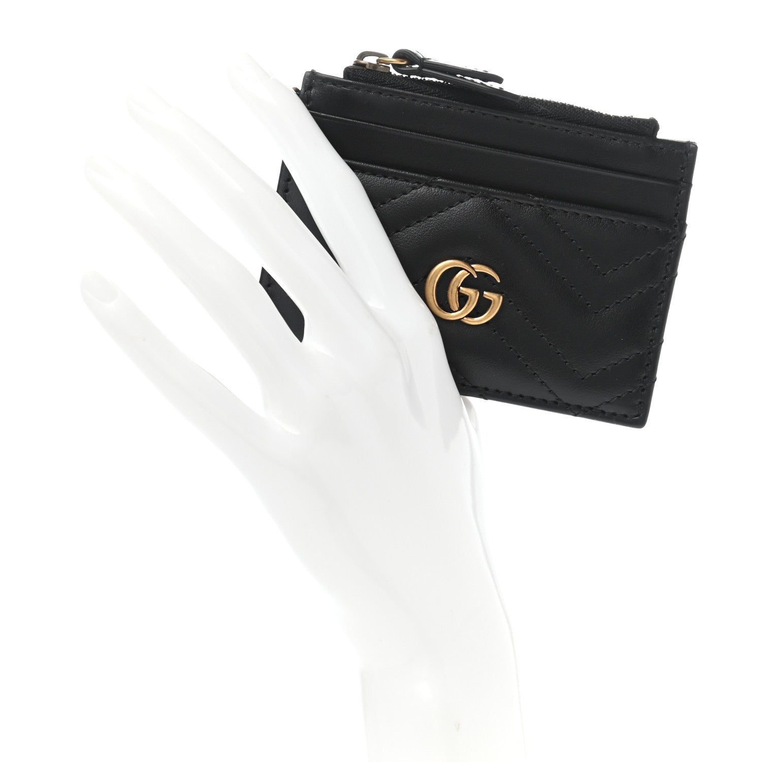 Gucci Calfskin Matelasse Chevron GG Marmont Key Case Card Holder Black 2 of 8