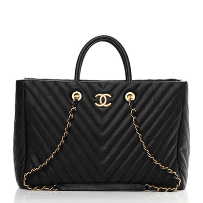 Chanel Caviar Chevron Quilted Coco Handle Shopping Tote Black 3 of 15