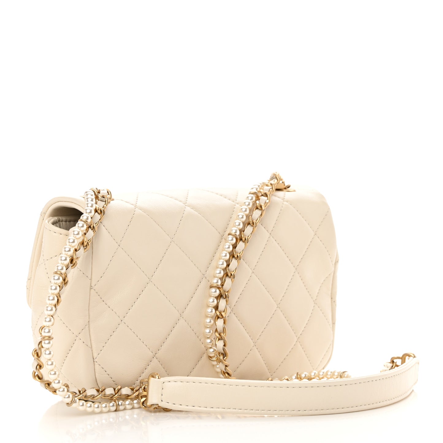 Calfskin Quilted Mini Crystal Pearls Rectangular Flap White