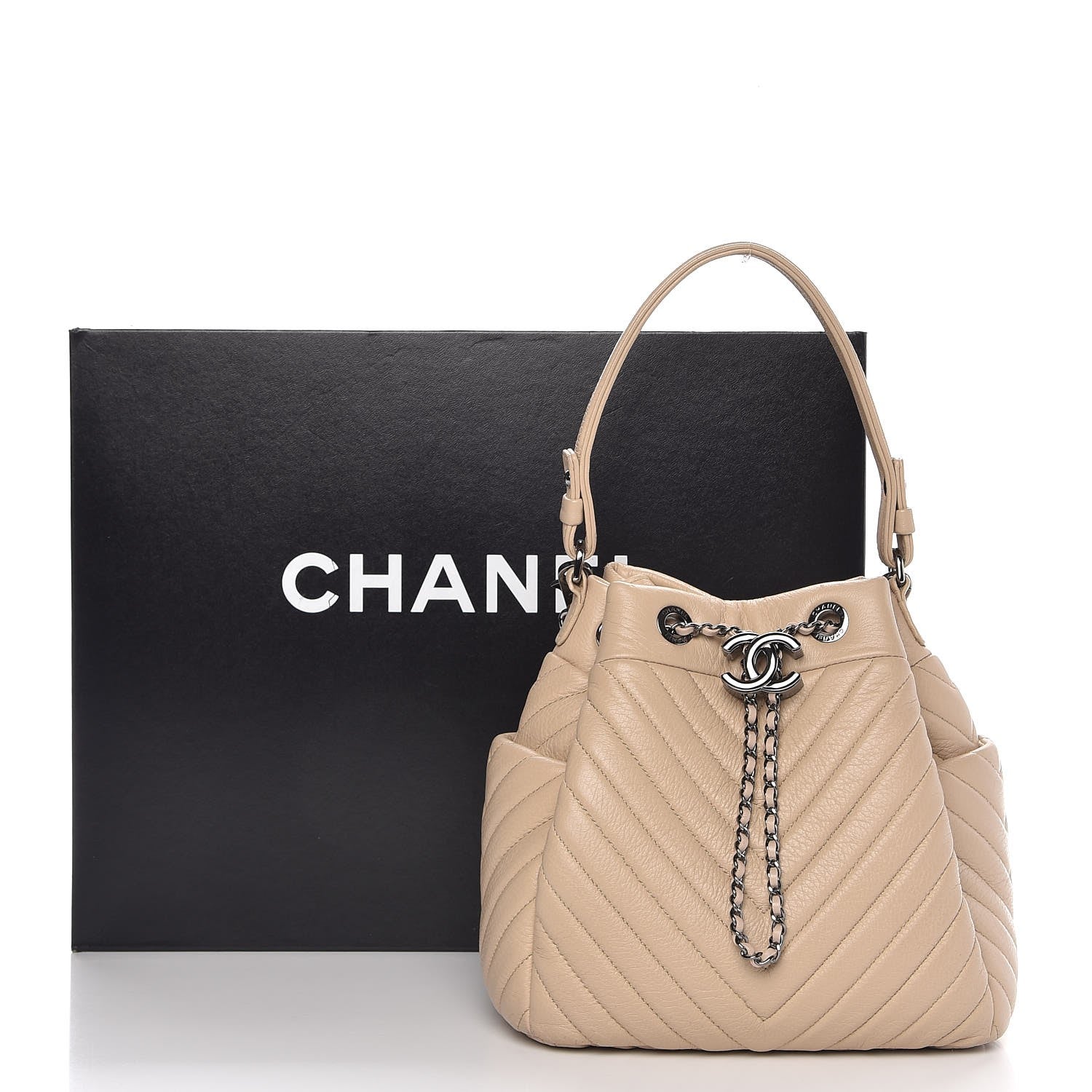 Chanel Deerskin Chevron Small CC Chain Bucket Bag Beige 8 of 9
