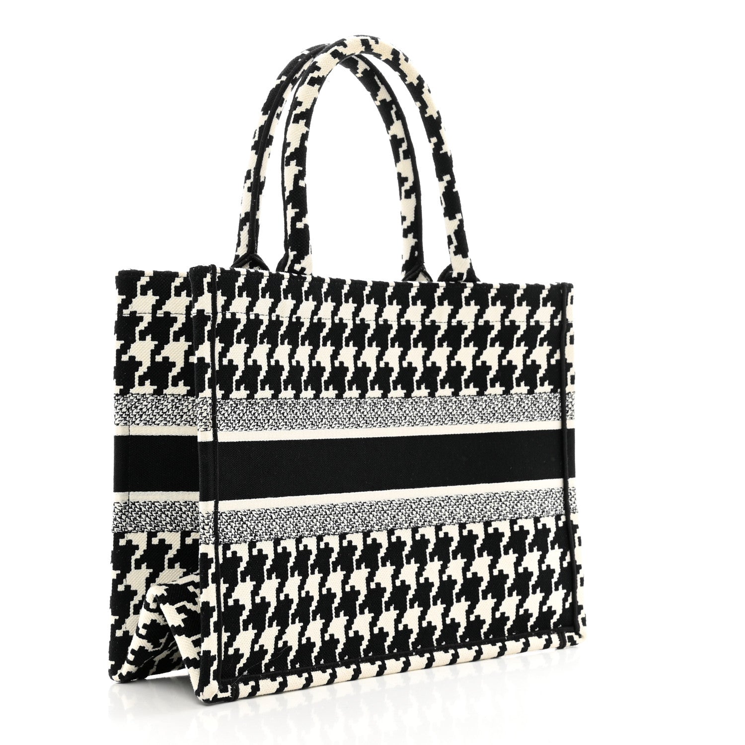 Christian Dior Canvas Macro Houndstooth Embroidered Medium Book Tote Black White 3 of 10