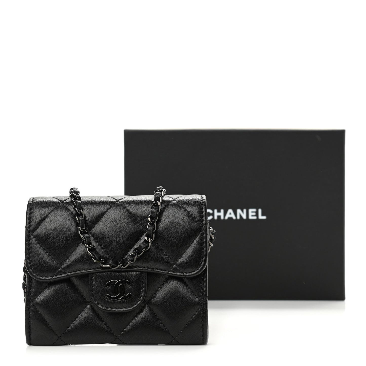 Lambskin Quilted Flap Card Holder On Chain So Black
