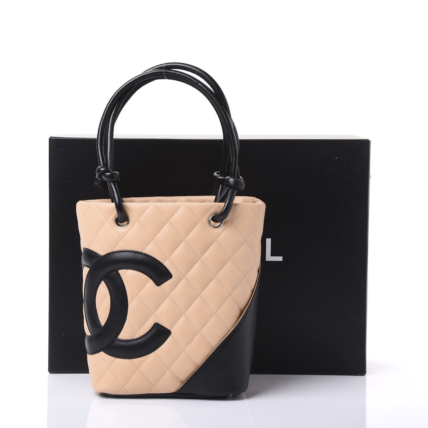 Calfskin Quilted Small Cambon Tote Beige Black