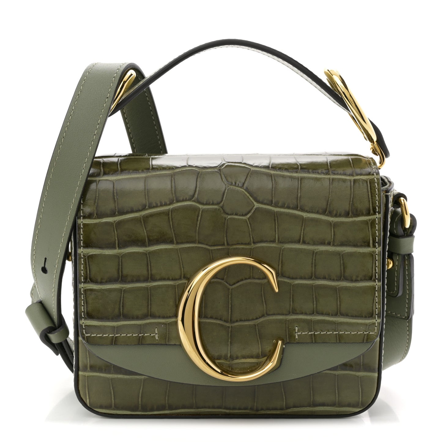 Calfskin Crocodile Embossed Mini C Double Carry Misty Forest