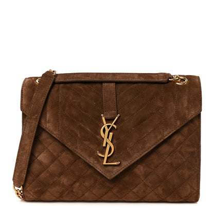 Saint Laurent Suede Mixed Matelasse Triquilt Medium Monogram Envelope Satchel Bark Brown 1 of 11