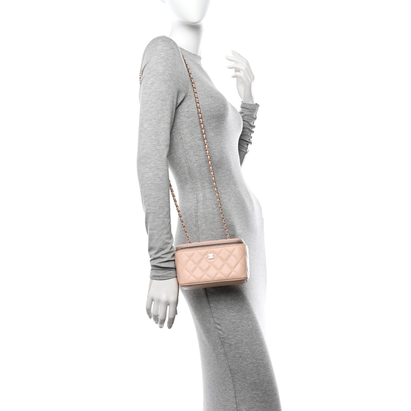 Caviar Quilted Small Vanity Case With Chain Light Beige