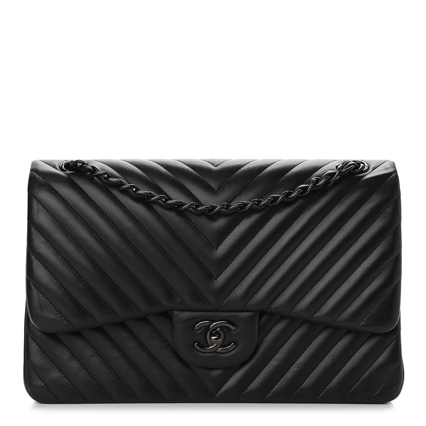 Lambskin Chevron Quilted Jumbo Double Flap So Black