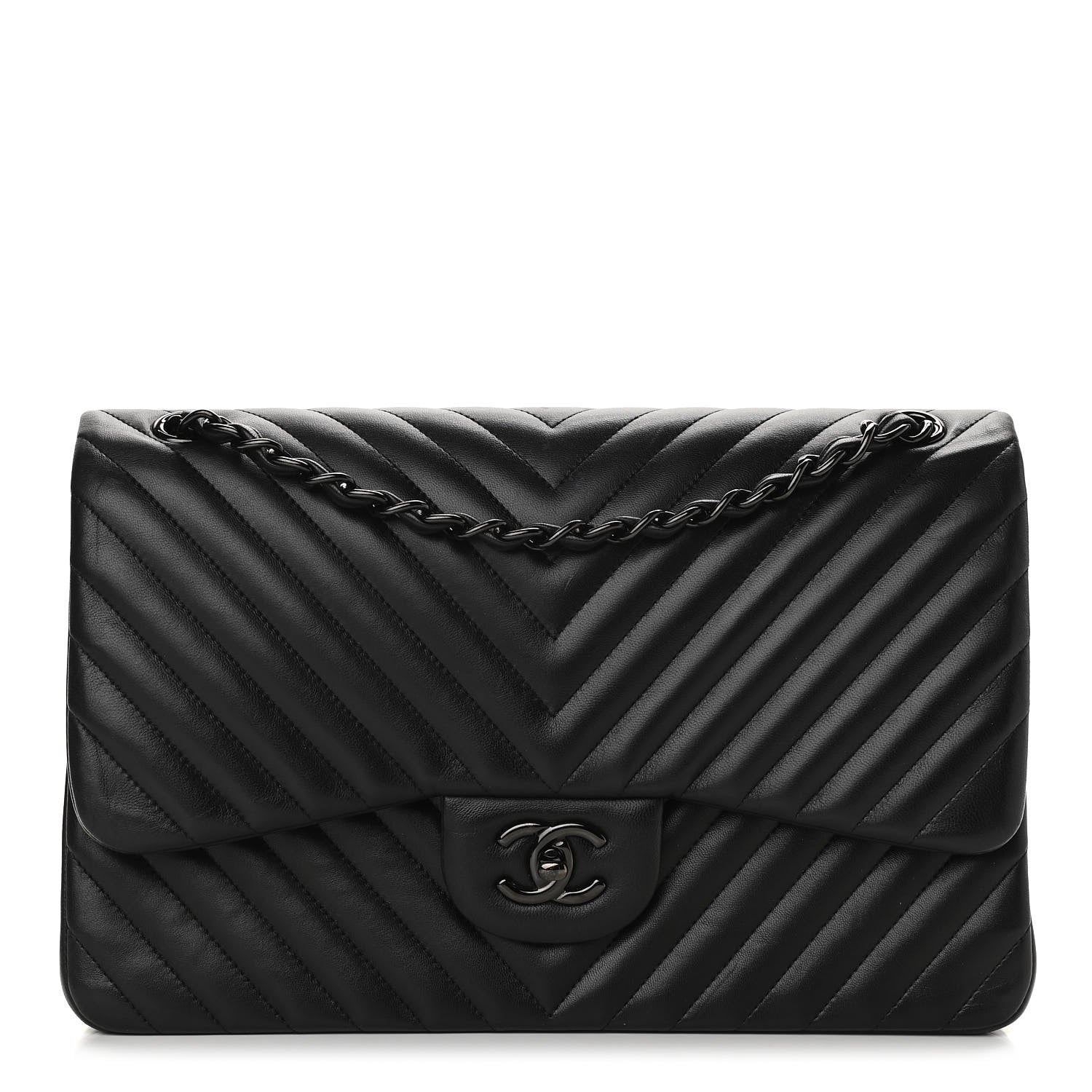 Chanel Lambskin Chevron Quilted Jumbo Double Flap So Black 1 of 11