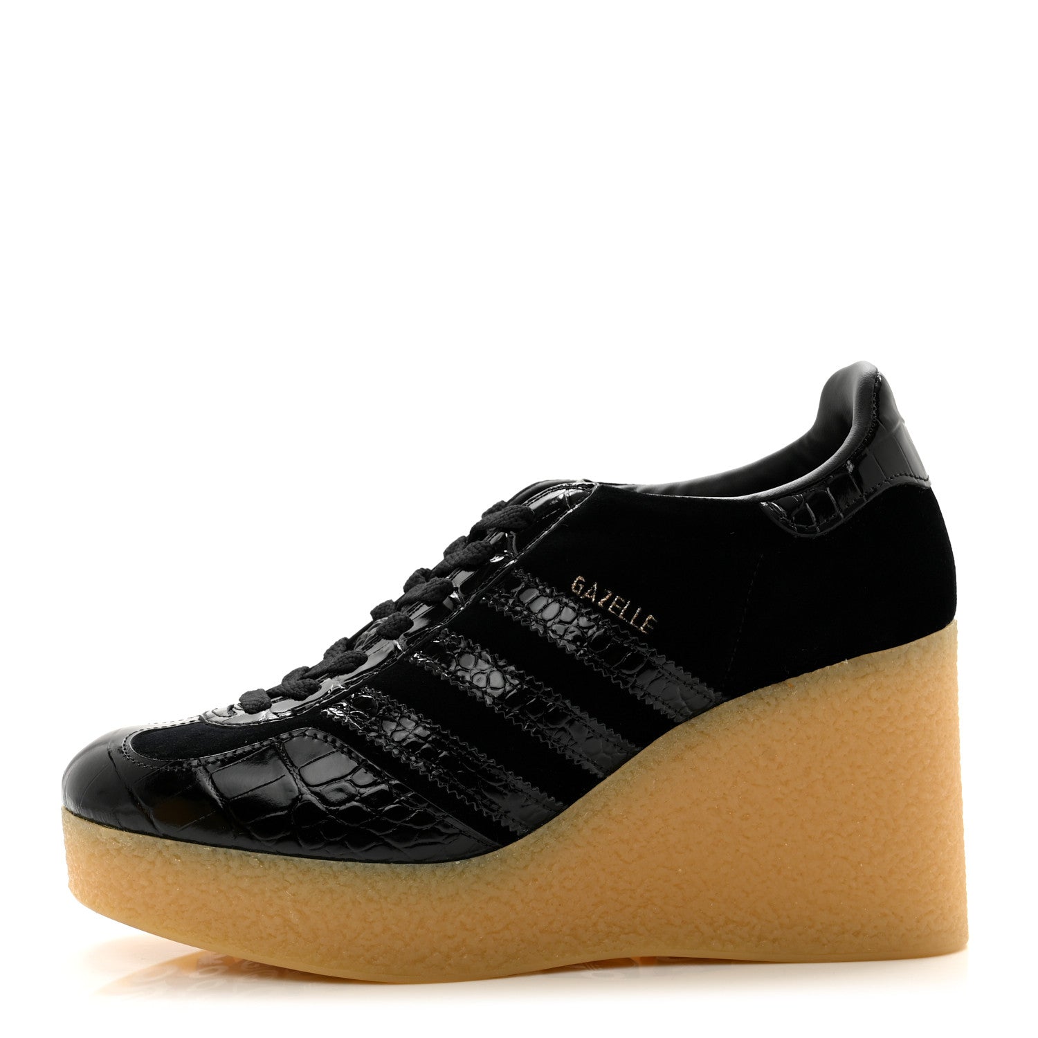 Gucci X ADIDAS Velvet Crocodile Embossed Gazelle Wedge Sneakers 39 Black 1 of 9