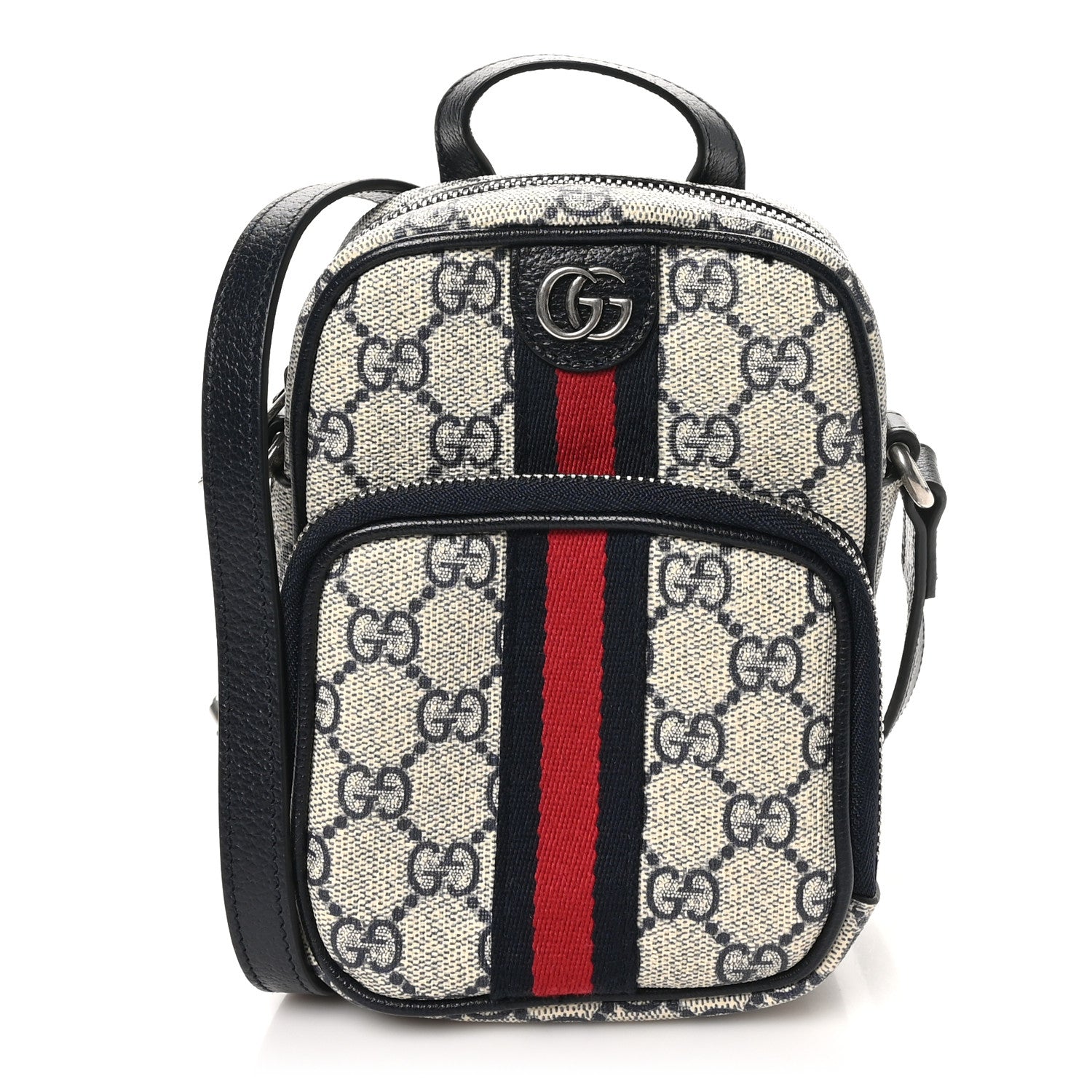Gucci GG Supreme Monogram Textured Dollar Calfskin Web Mini Ophidia Double Zip Messenger Bag Beige Blue 1 of 10