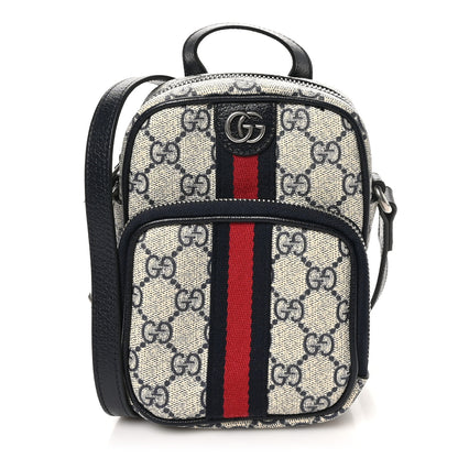 Gucci GG Supreme Monogram Textured Dollar Calfskin Web Mini Ophidia Double Zip Messenger Bag Beige Blue 1 of 10