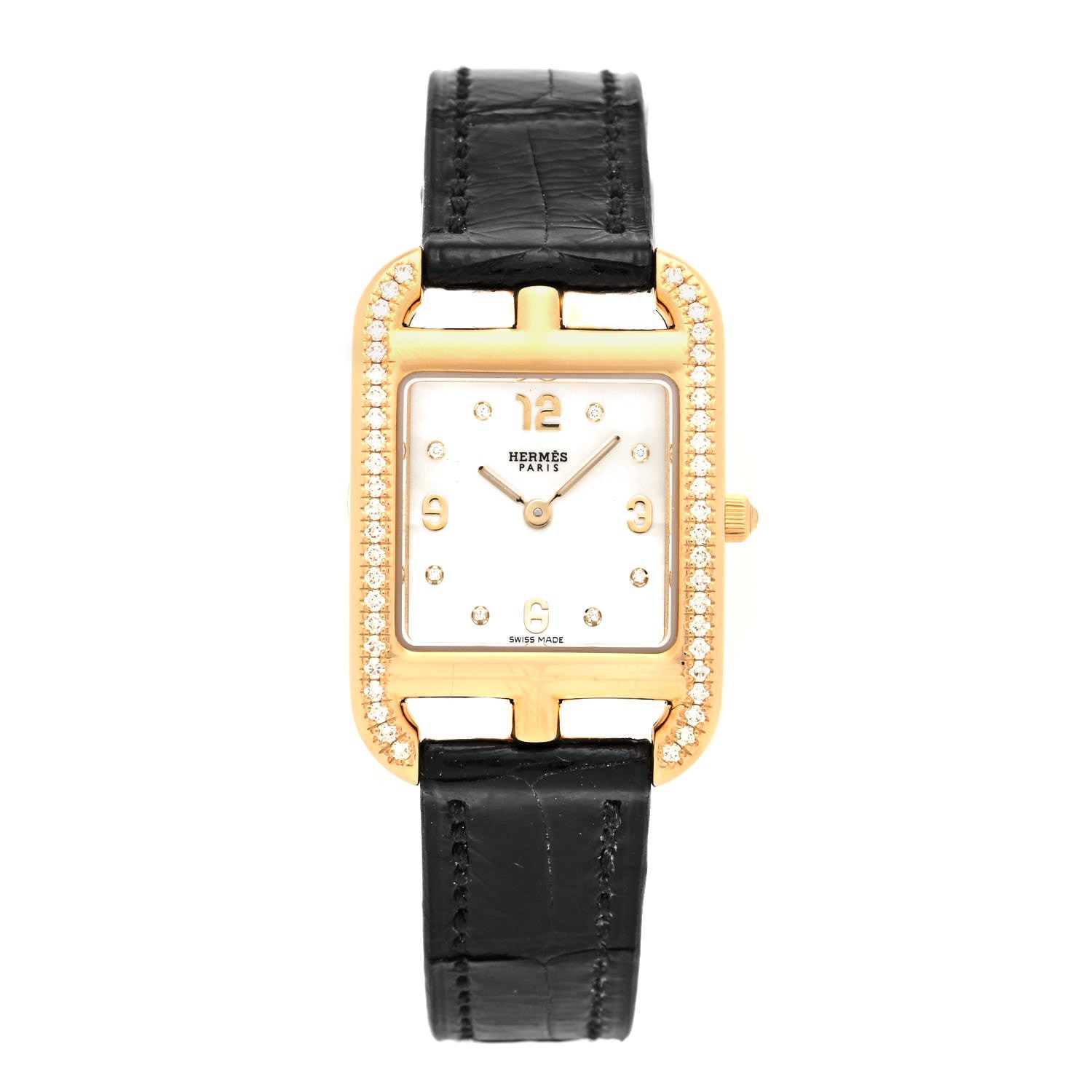 Hermes 18K Yellow Gold Alligator Diamond Bezel Mother of Pearl 23mm Cape Cod Quartz Watch Noir 1 of 5