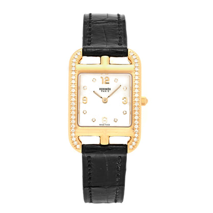 Hermes 18K Yellow Gold Alligator Diamond Bezel Mother of Pearl 23mm Cape Cod Quartz Watch Noir 1 of 5