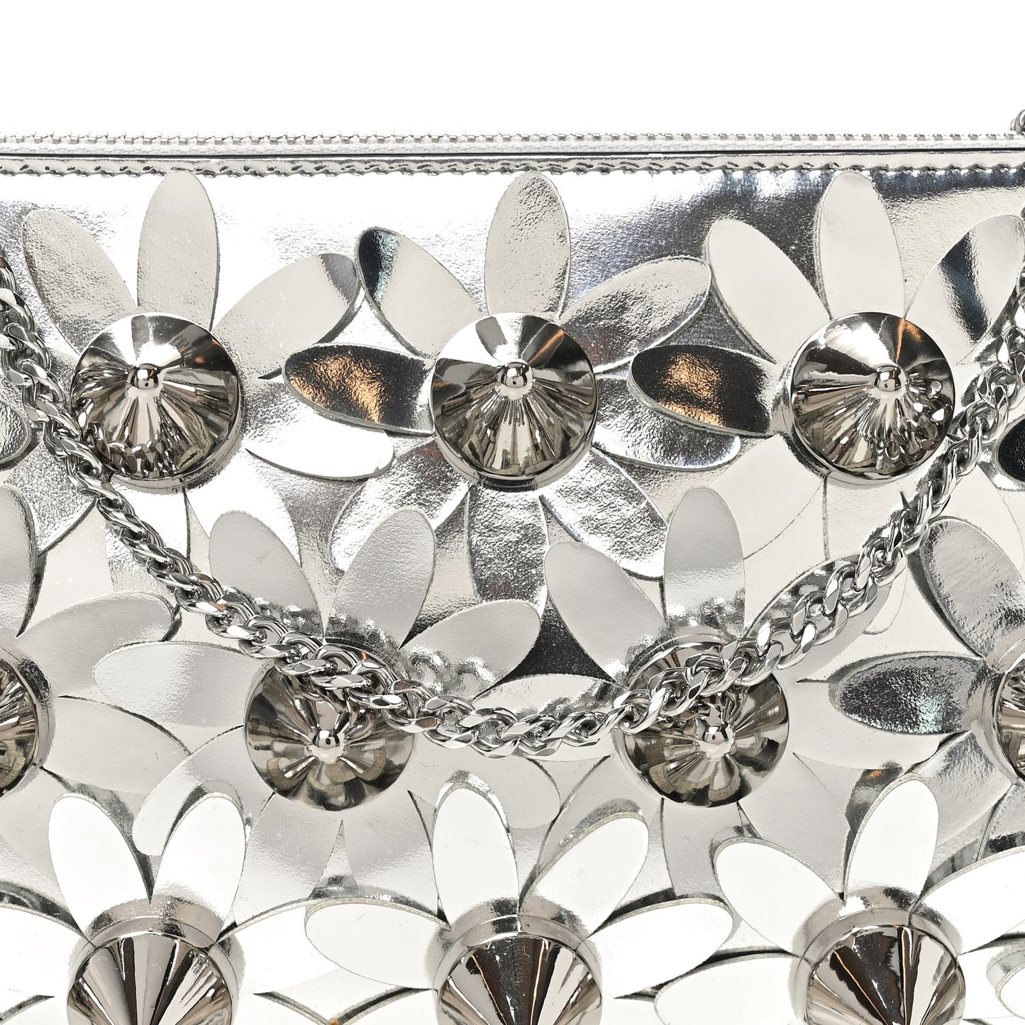 Metallic Patent Calfskin Flower Loubila Chain Clutch Silver