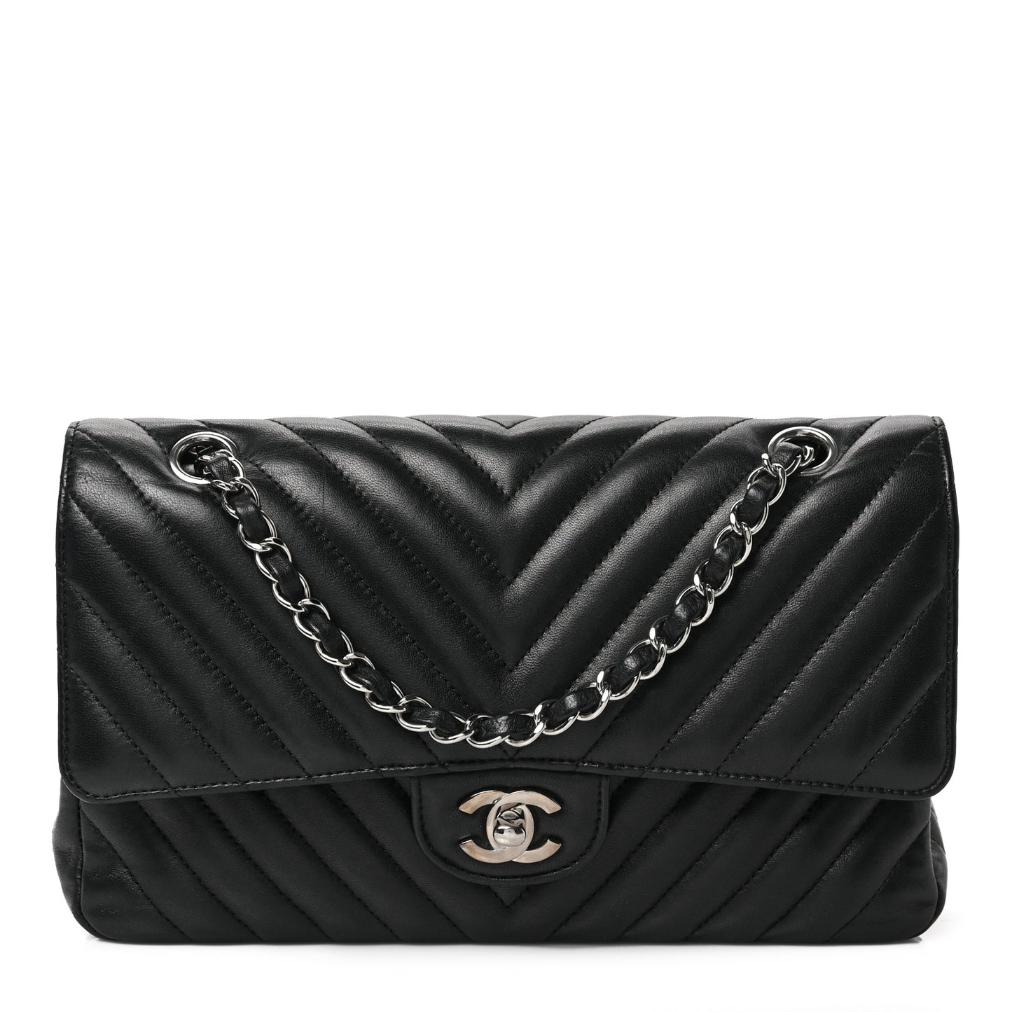 Lambskin Chevron Quilted Medium Double Flap Black