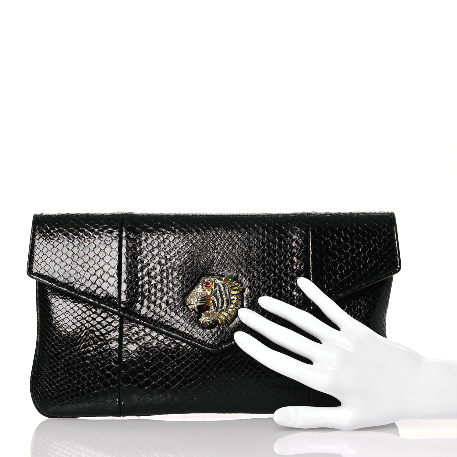 Gucci Snakeskin Rajah Broadway Envelope Clutch Black 2 of 11