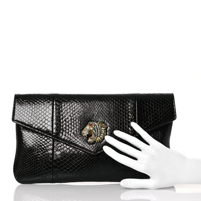 Gucci Snakeskin Rajah Broadway Envelope Clutch Black 2 of 11