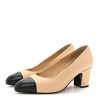 Chanel Lambskin Cap Toe CC Uniform Pumps 38 Beige Black 4 of 9