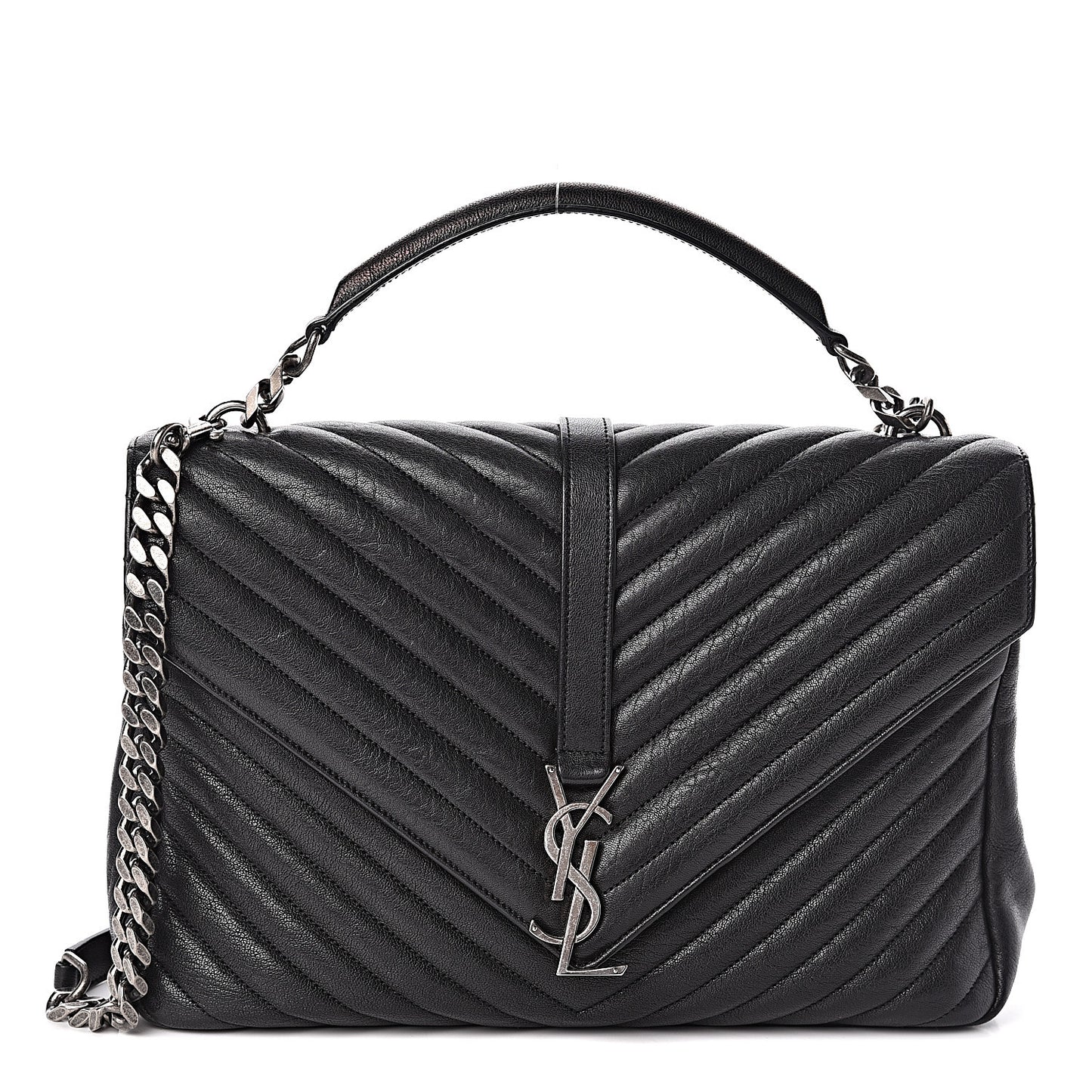 Sheepskin Matelasse Chevron Monogram Large College Satchel Black