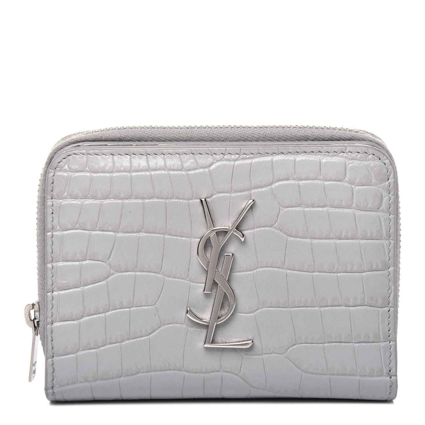 Calfskin Crocodile Embossed Monogram Compact Wallet Mouse Grey