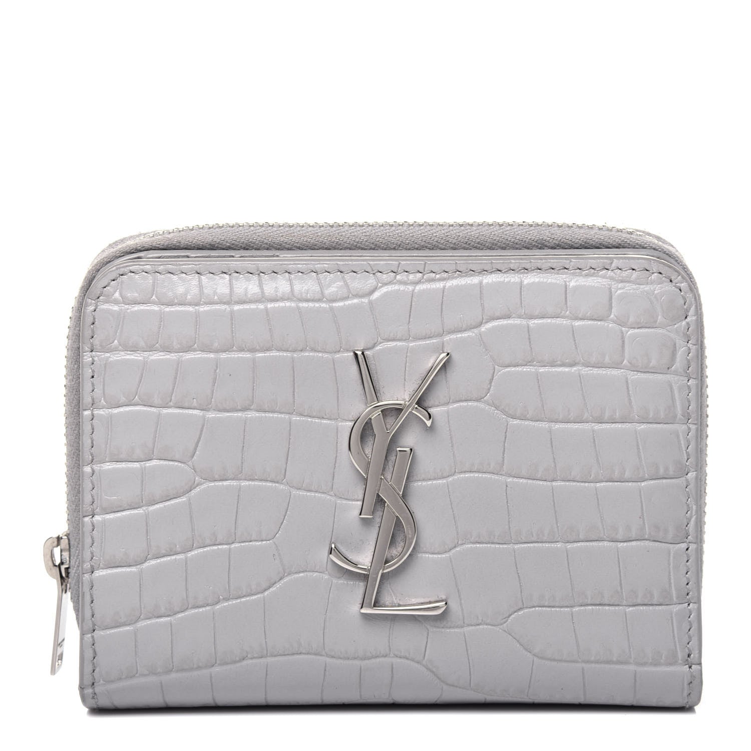 Saint Laurent Calfskin Crocodile Embossed Monogram Compact Wallet Mouse Grey 1 of 11