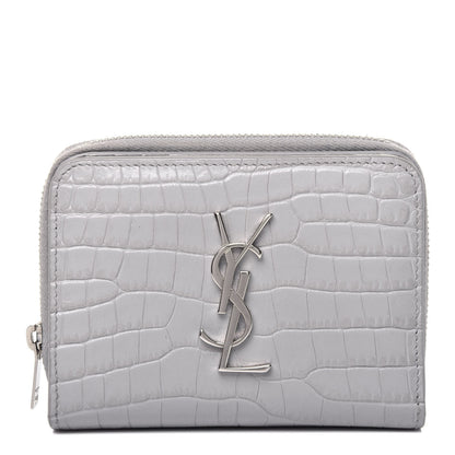 Saint Laurent Calfskin Crocodile Embossed Monogram Compact Wallet Mouse Grey 1 of 11