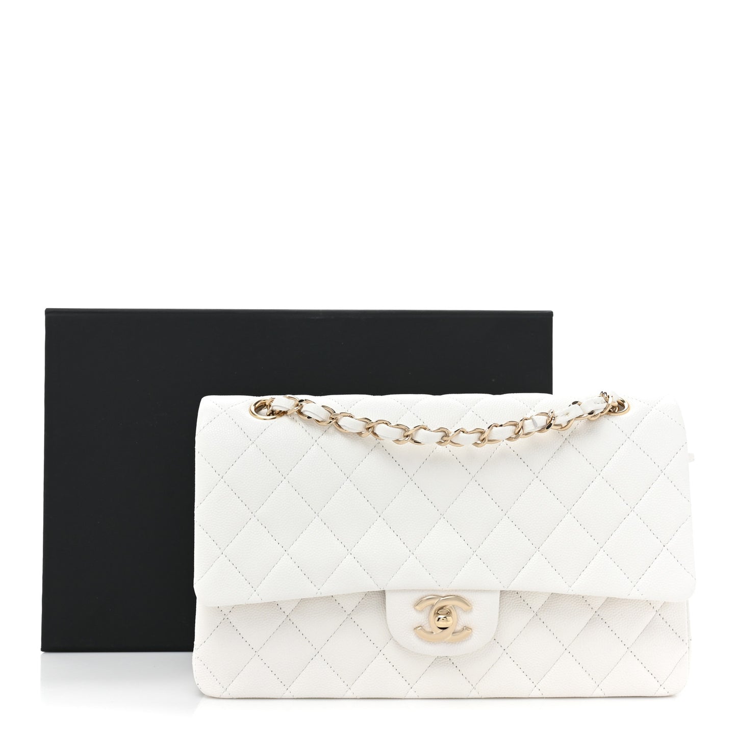 Caviar Quilted Medium Double Flap White