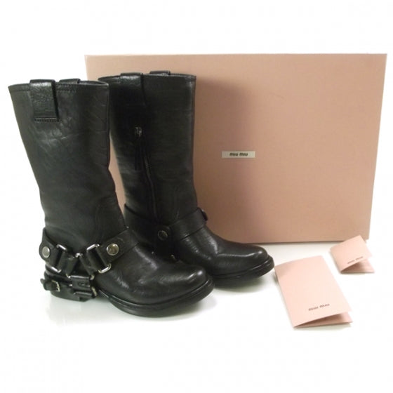 Leather Buckle-Harness Motorcycle Boots 36 Black