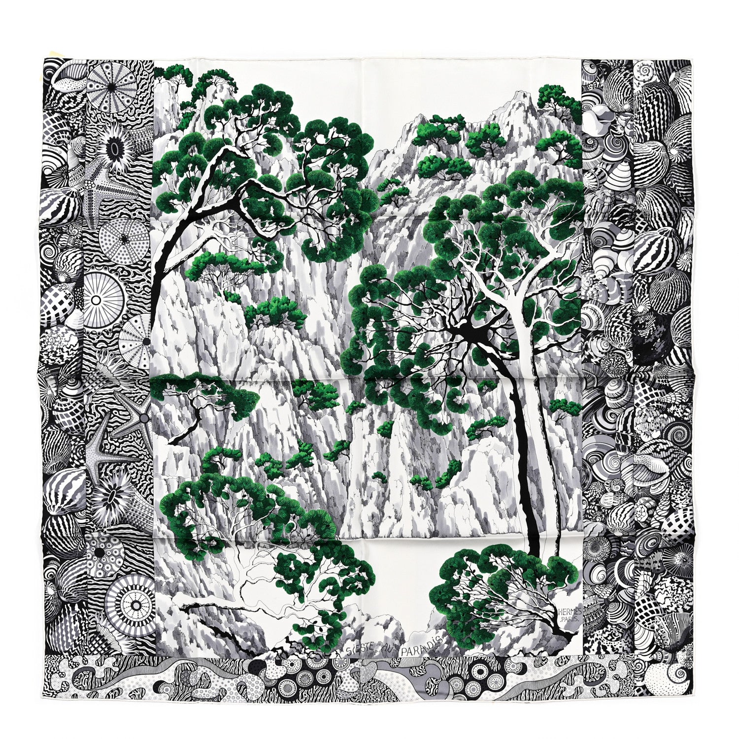 Hermes Silk Sieste Au Paradis Scarf 90 Black White Vert 1 of 5