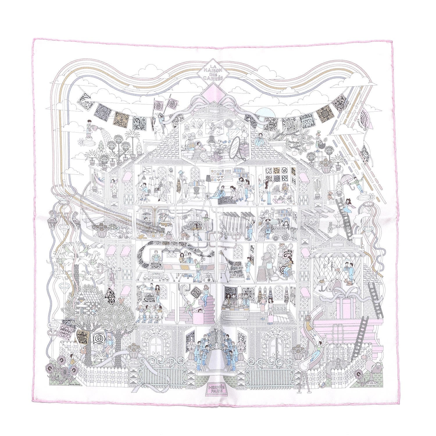 Hermes Silk La Maizeon Des Carres Pocket Square Scarf Creme Aqua Rose Pale 1 of 6