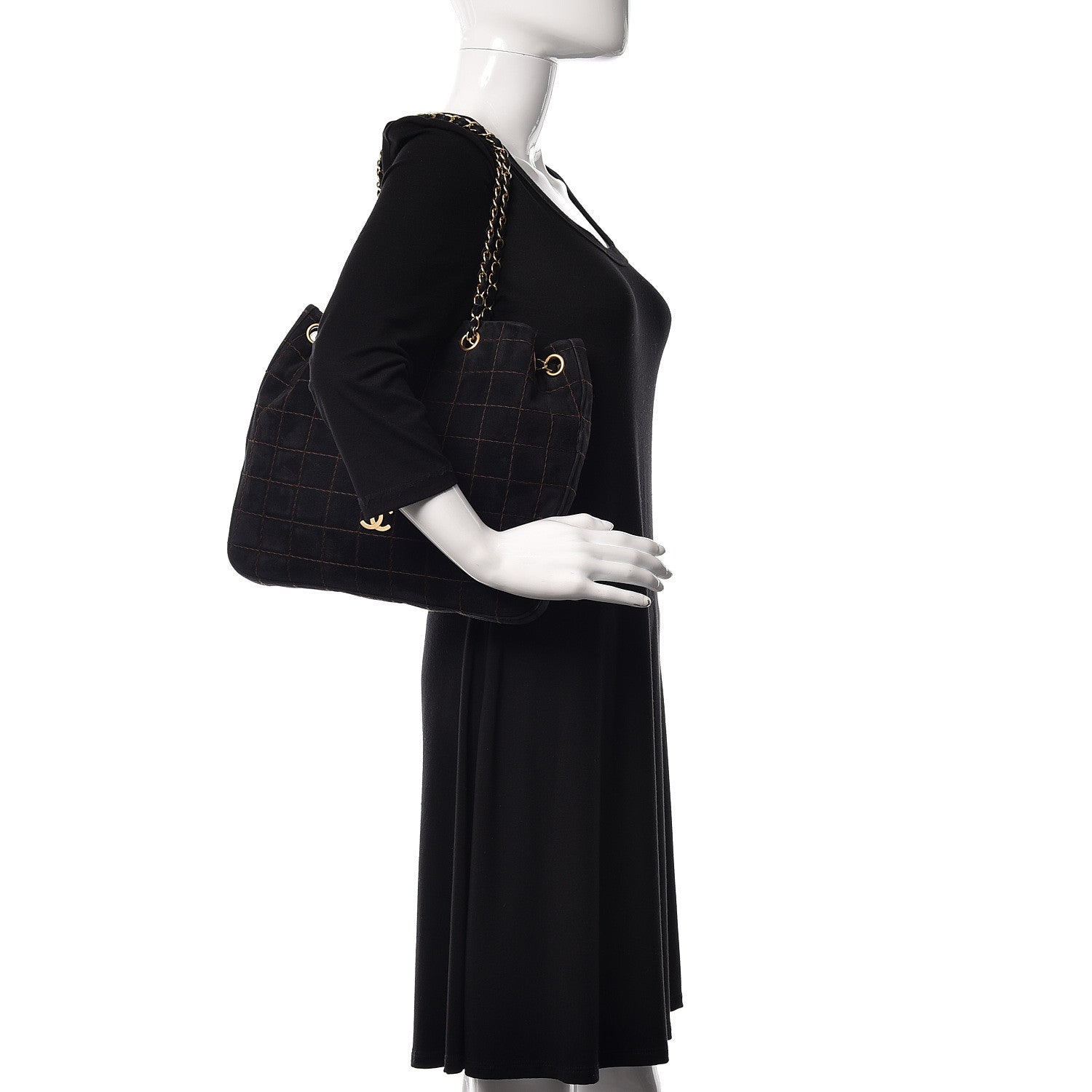 Chanel Suede Stitched Shoulder Bag Black 2 of 11