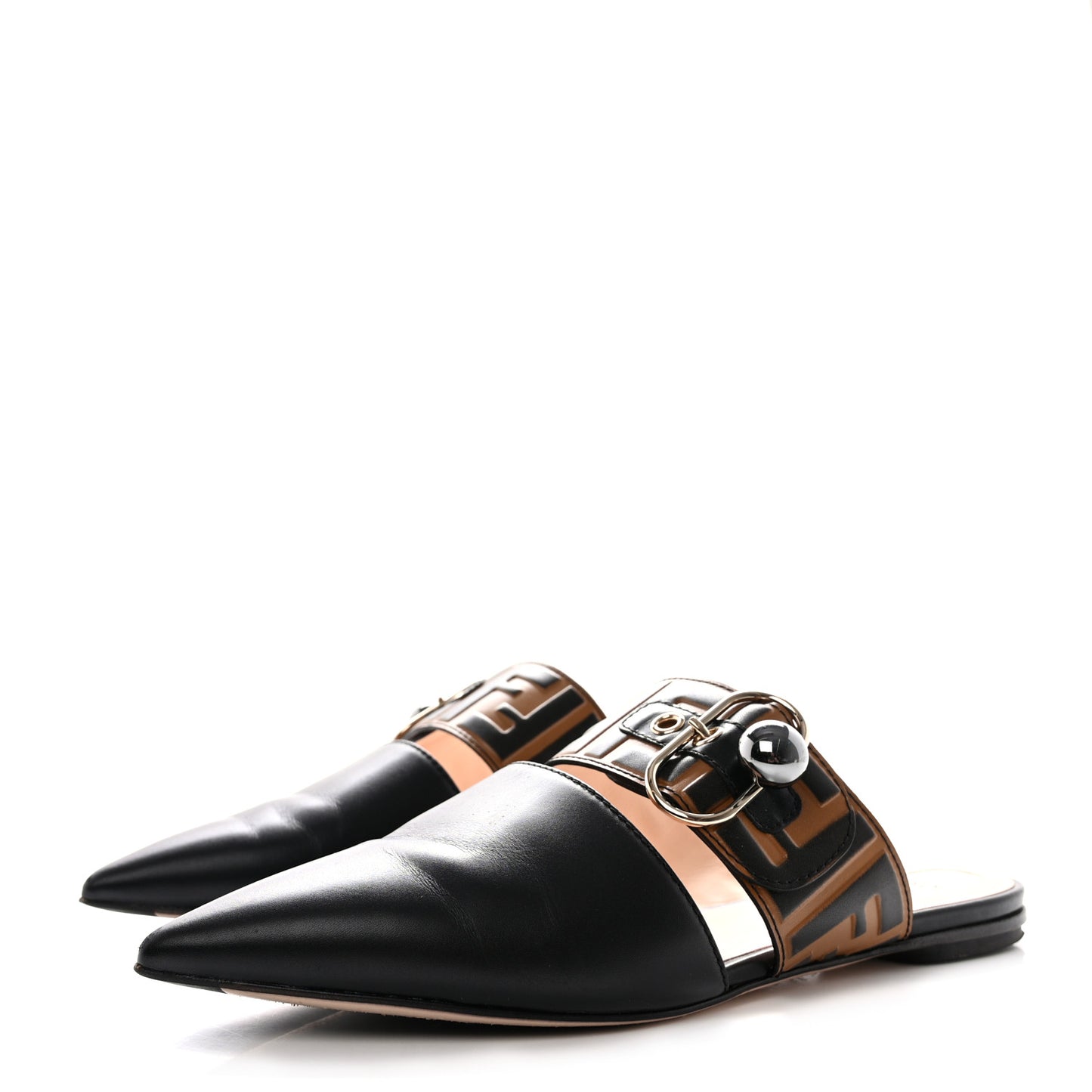 Vitello FF Embossed Buckle Flat Mules 36.5 Maya Black