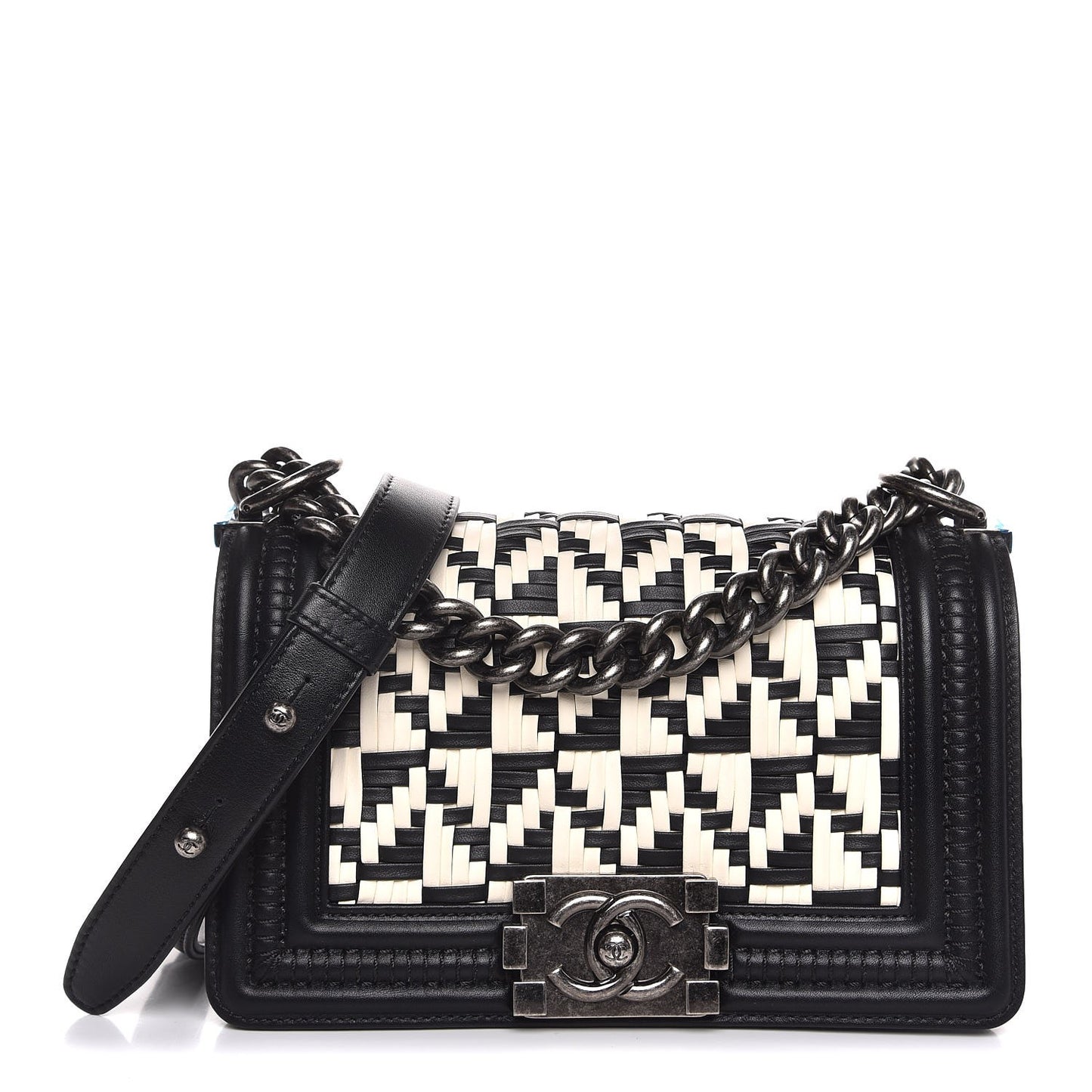 Calfskin Woven Small Boy Flap Black White