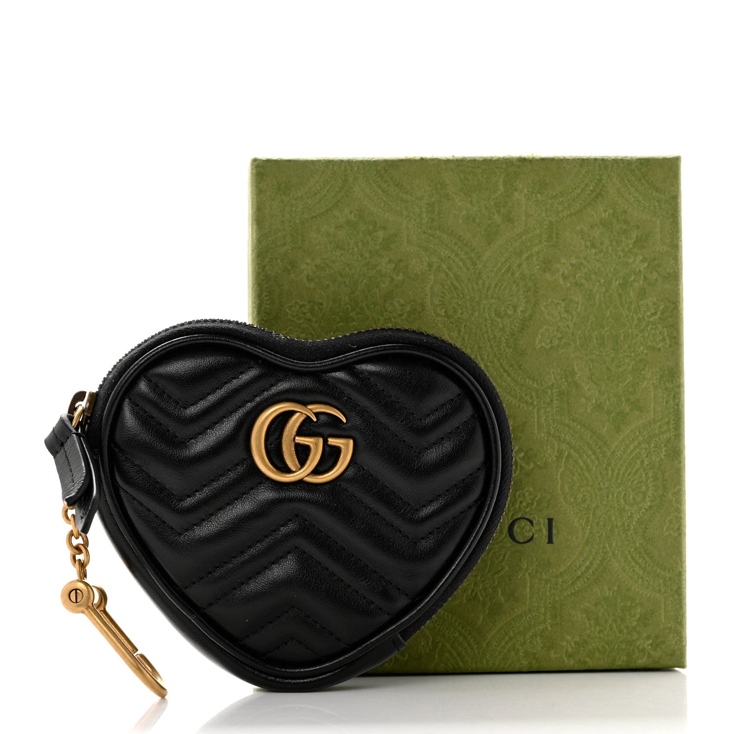 Gucci Calfskin Matelasse Chevron GG Marmont Heart Coin Purse Black 8 of 8