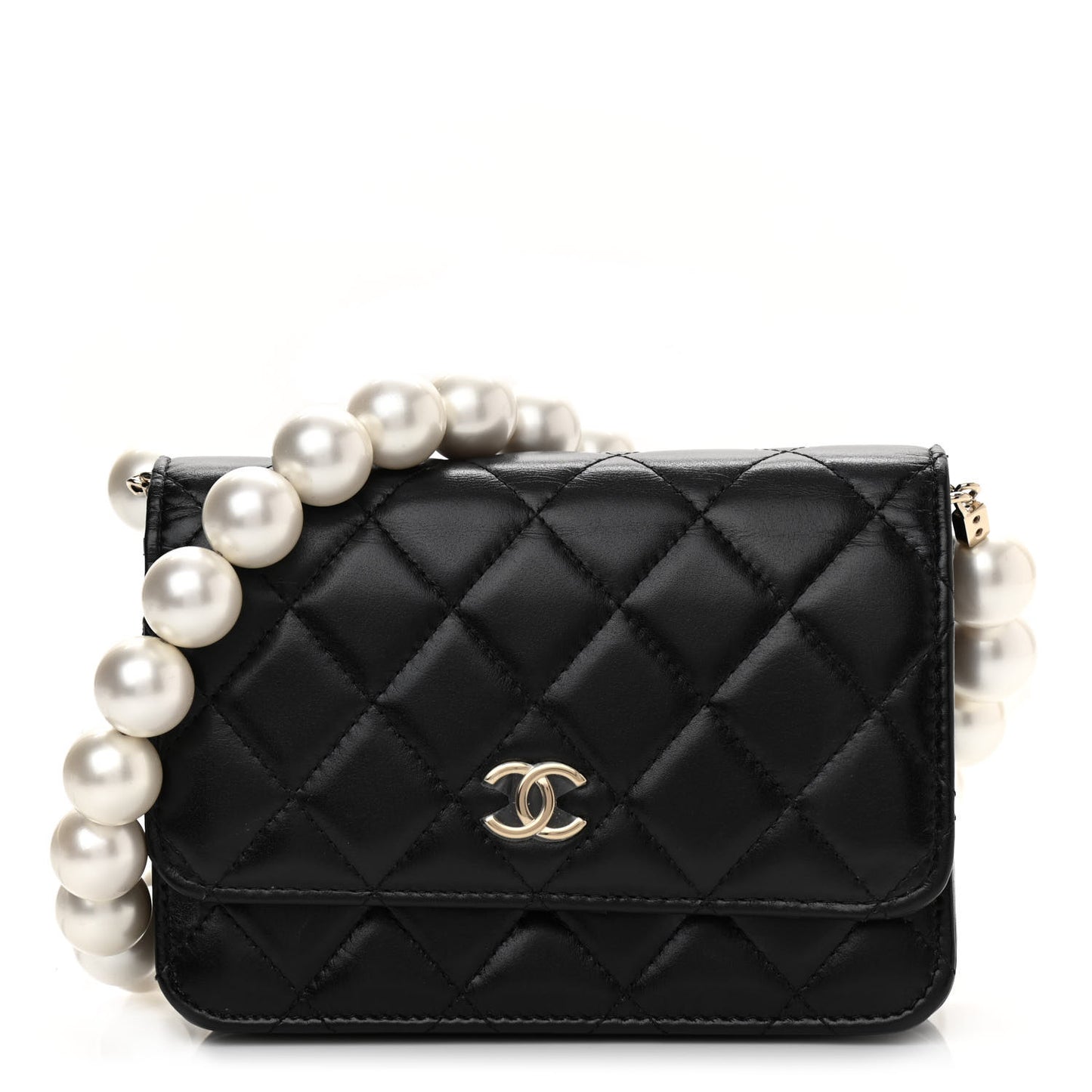 Calfskin Quilted Mini Maxi Pearls Wallet On Chain WOC Black