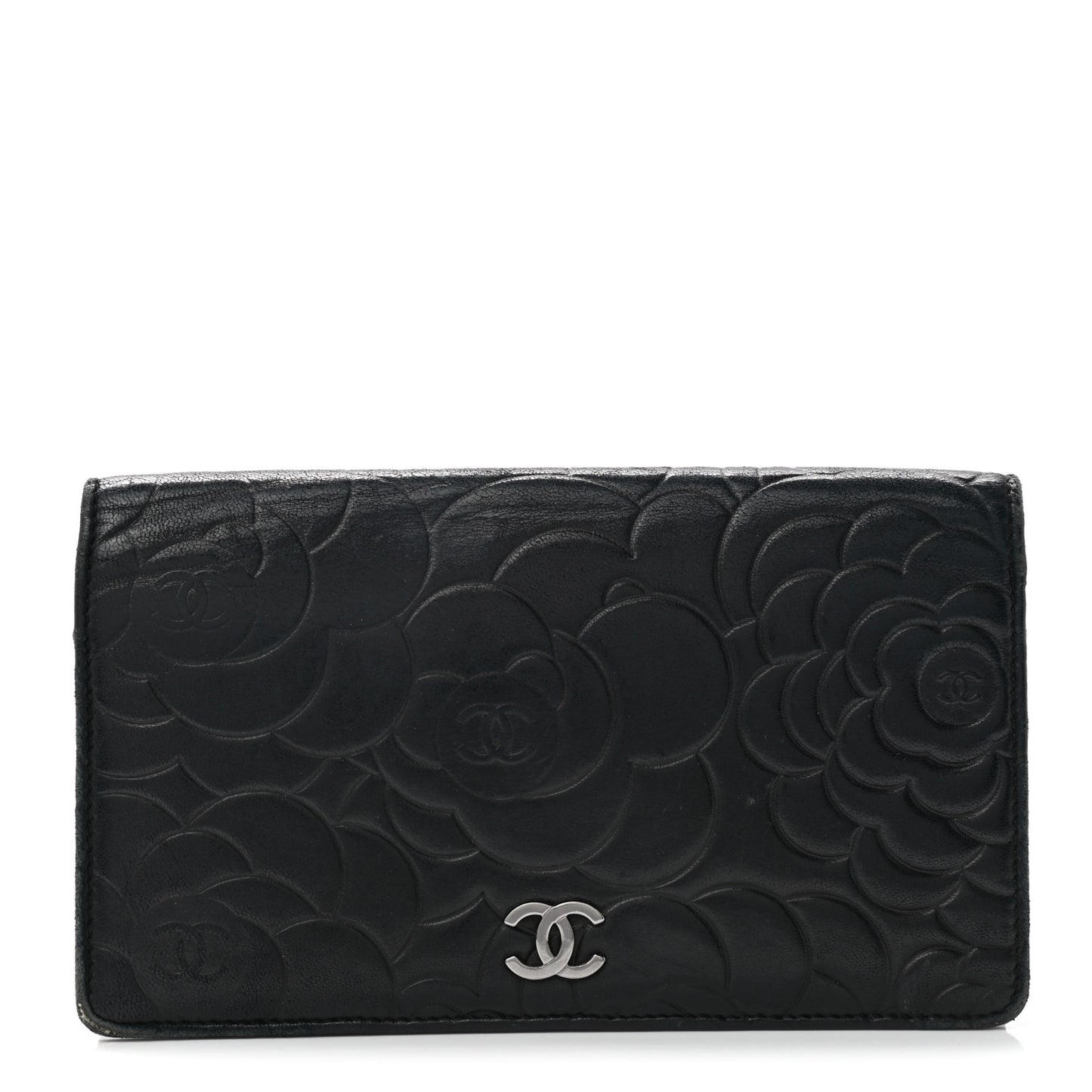 Lambskin Camellia Embossed Yen Wallet Black