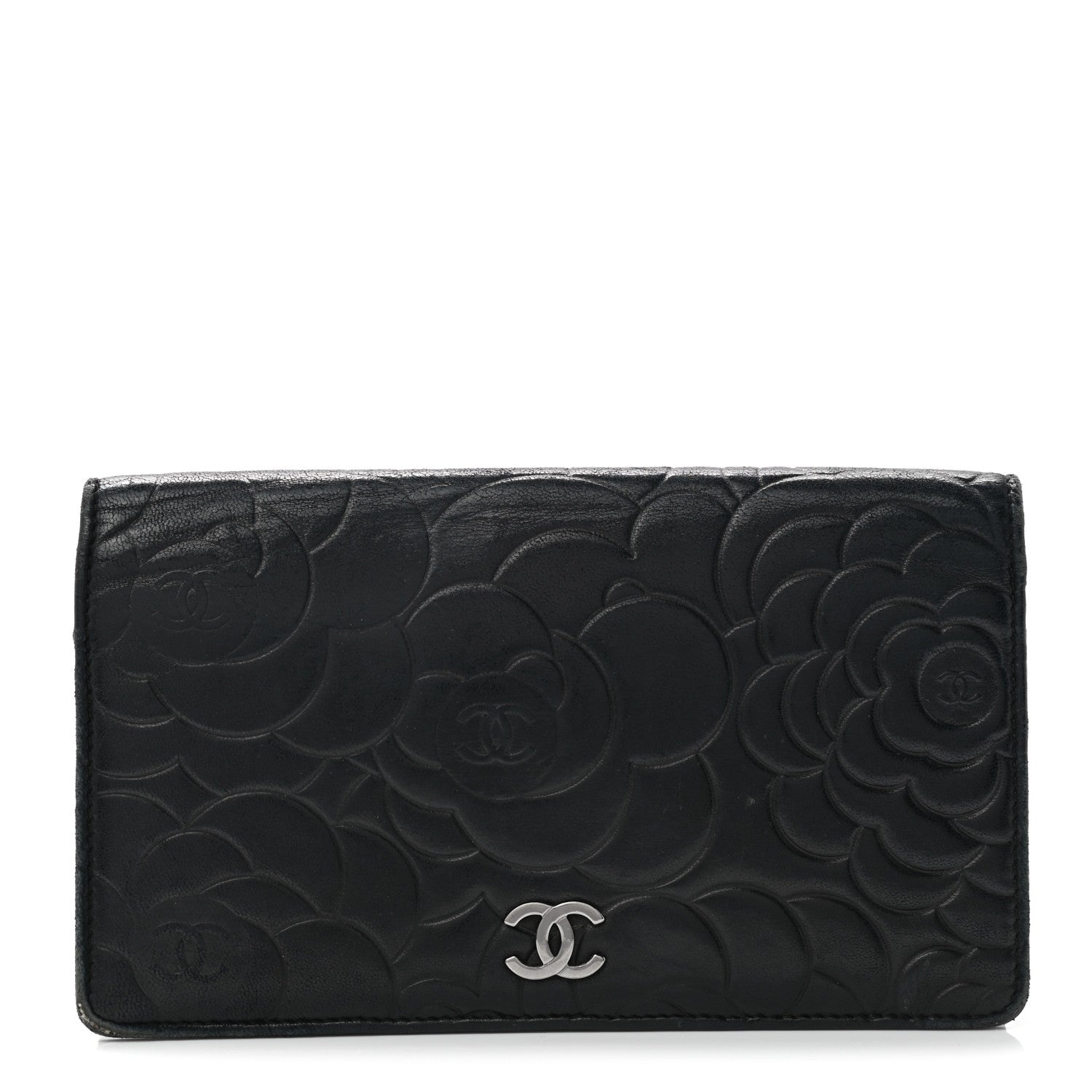 Chanel Lambskin Camellia Embossed Yen Wallet Black 1 of 13