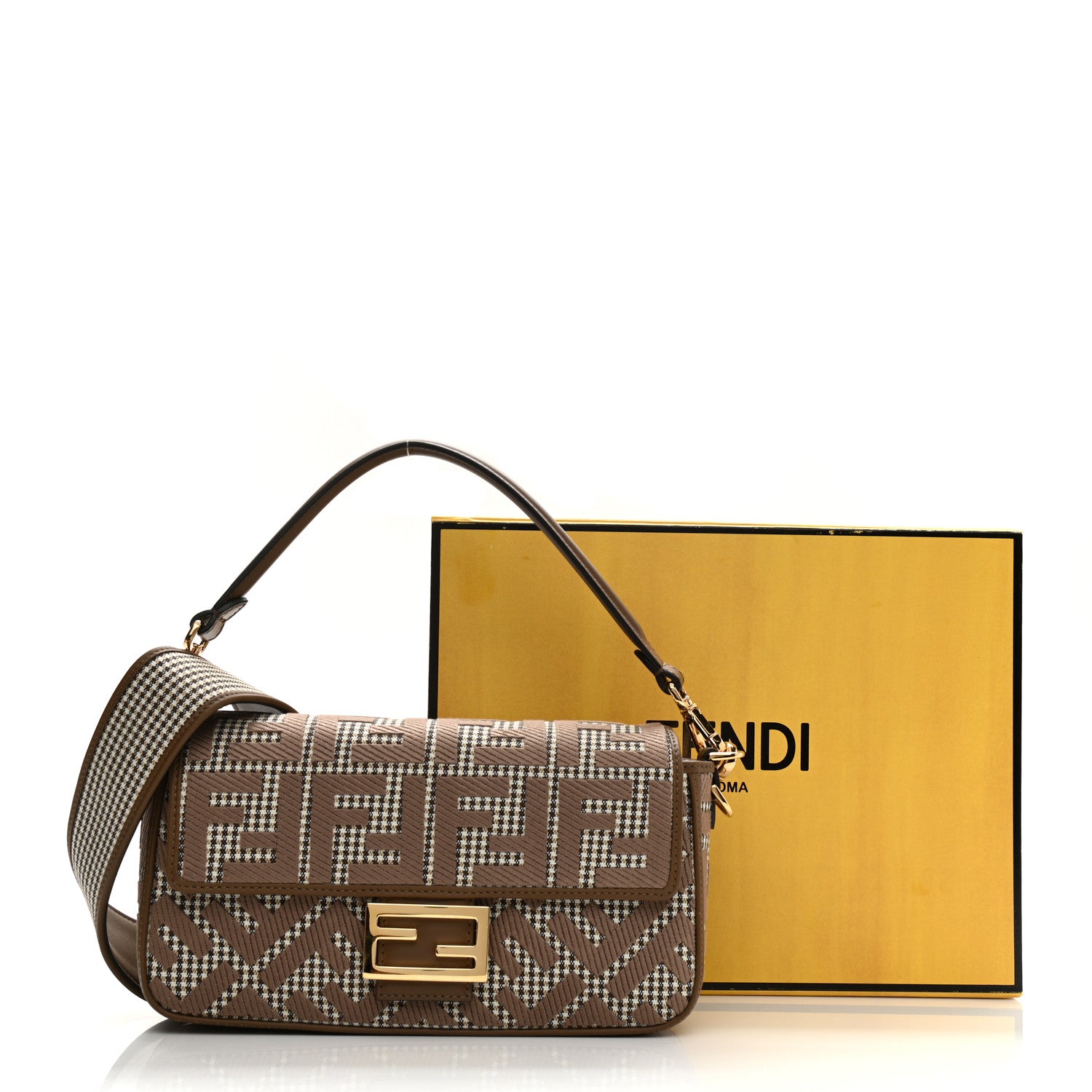 Fendi Wool Vitello King Houndstooth FF Embroidered Baguette Beige Moro 9 of 9