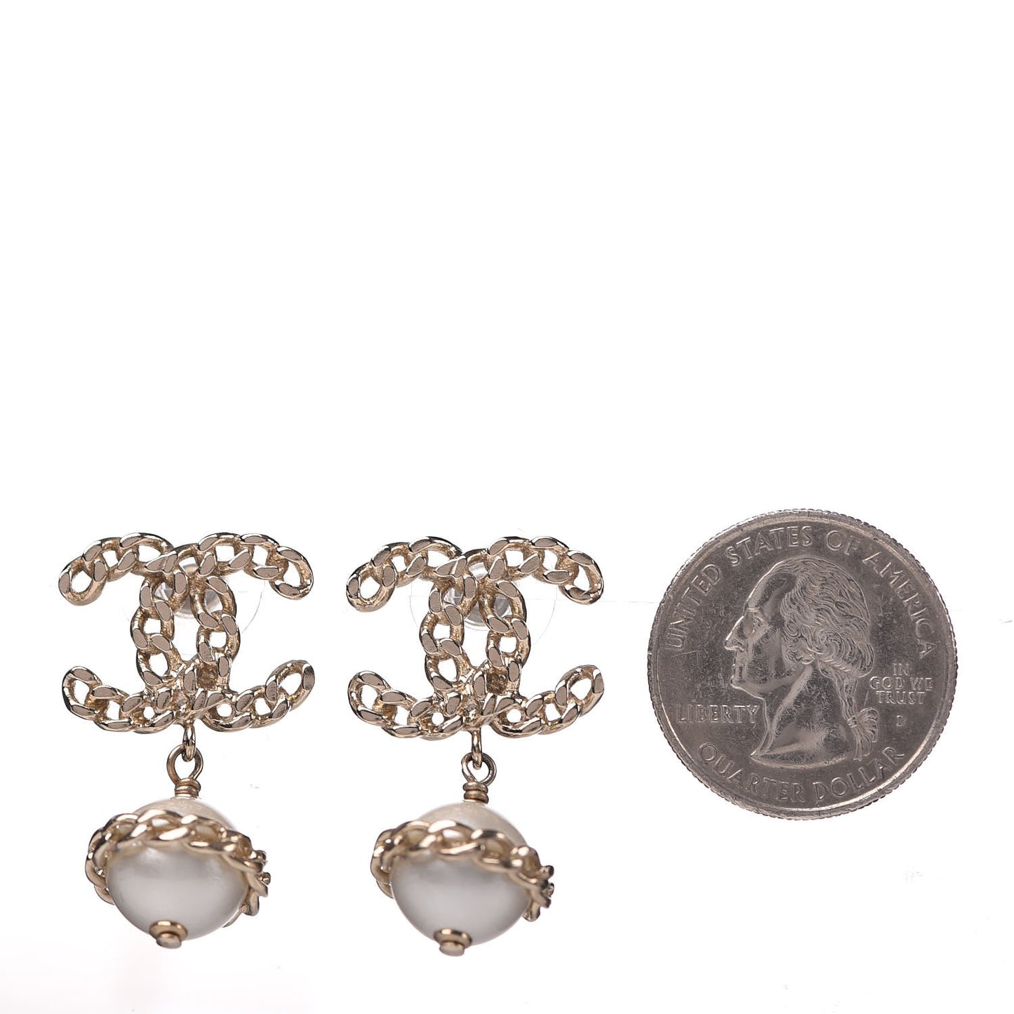 Chain Pearl CC Drop Earrings Gold