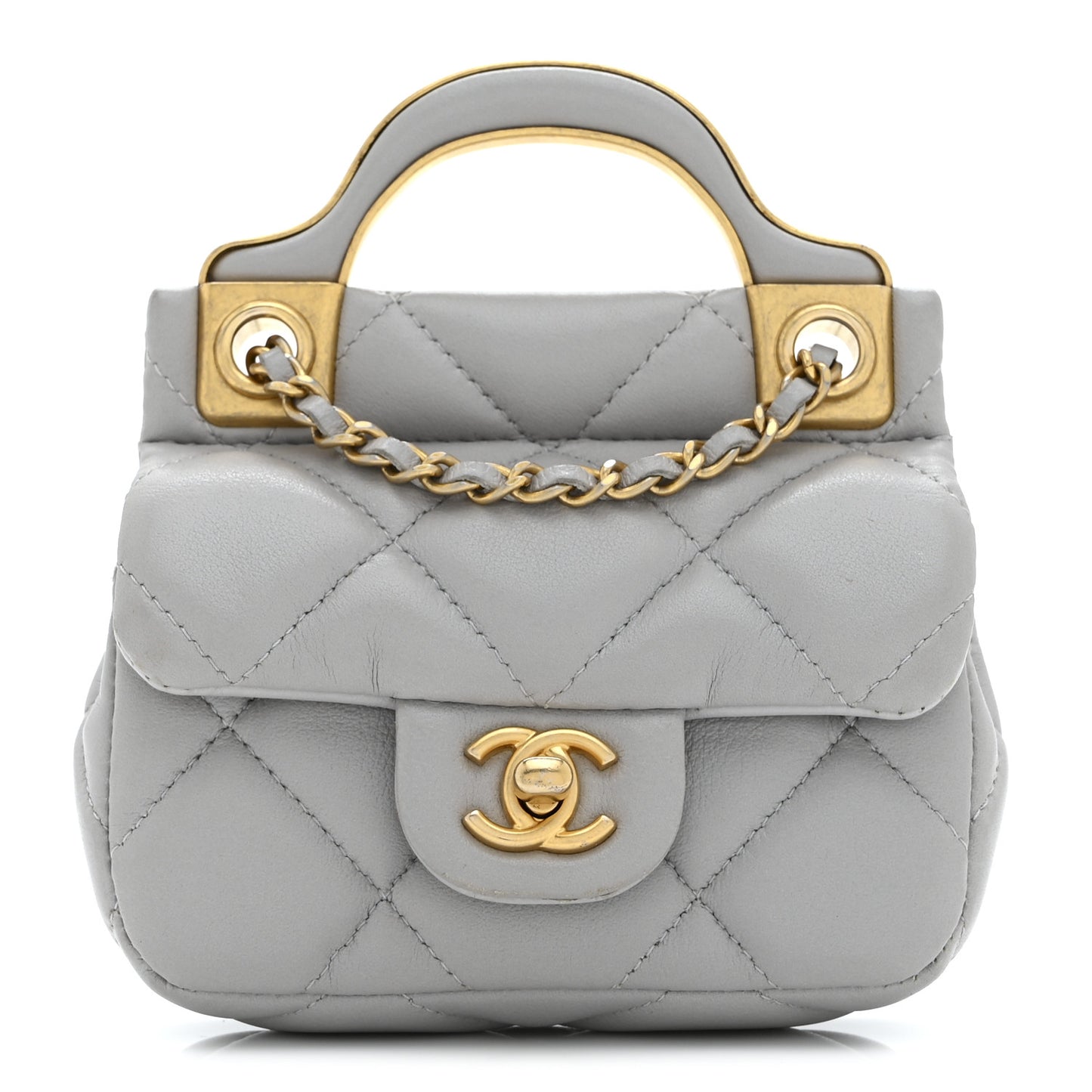 Calfskin Quilted Lady Handle Flap Card Holder With Chain Grey
