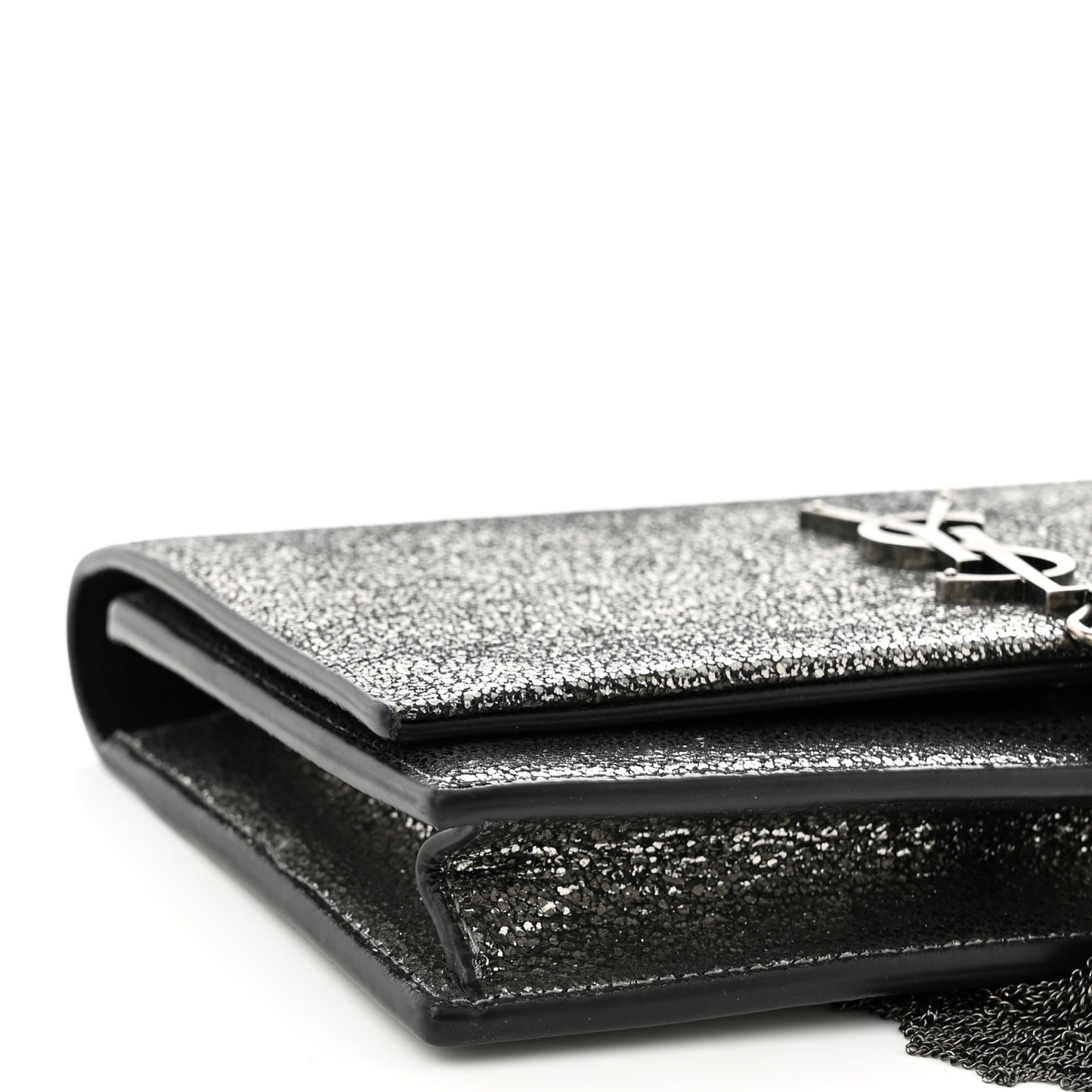 Metallic Calfskin Classic Monogram Kate Tassel Chain Wallet Gun Metal