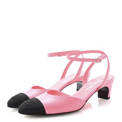 Chanel Lambskin Grosgrain Cap Toe CC Slingback Pumps 37.5 Pink Black 4 of 10