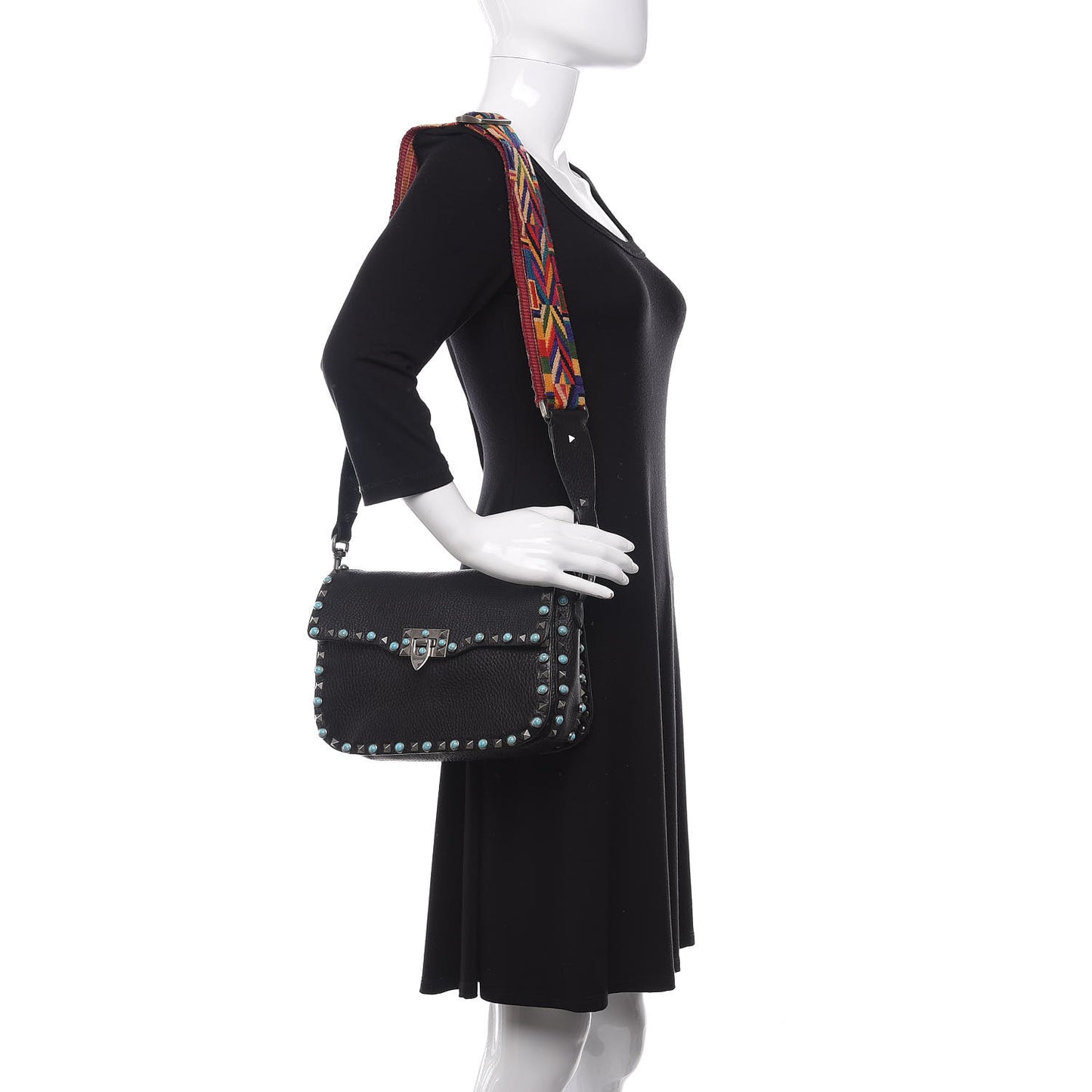 Pebbled Calfskin Turquoise Medium Guitar Strap Rockstud Rolling Flap Saddle Bag Black