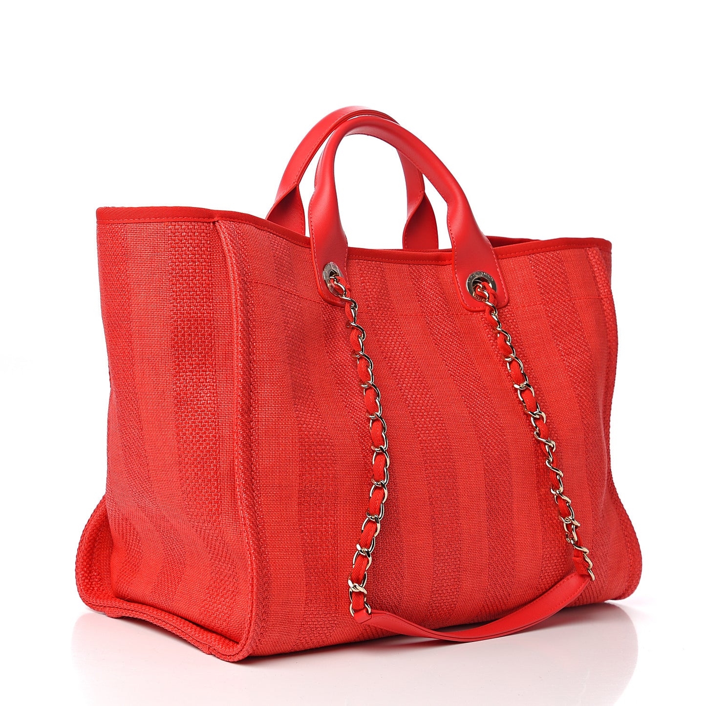 Straw Raffia Calfskin Striped Medium Deauville Tote Red