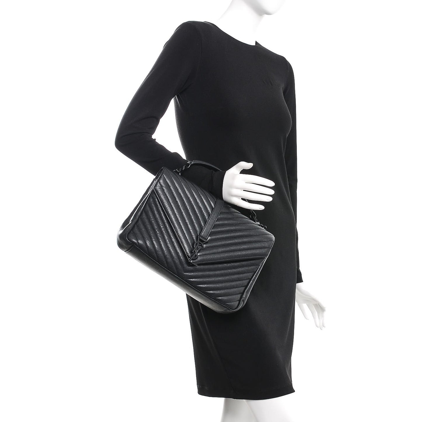 Sheepskin Matelasse Chevron Monogram Monochrome Large College Satchel Black