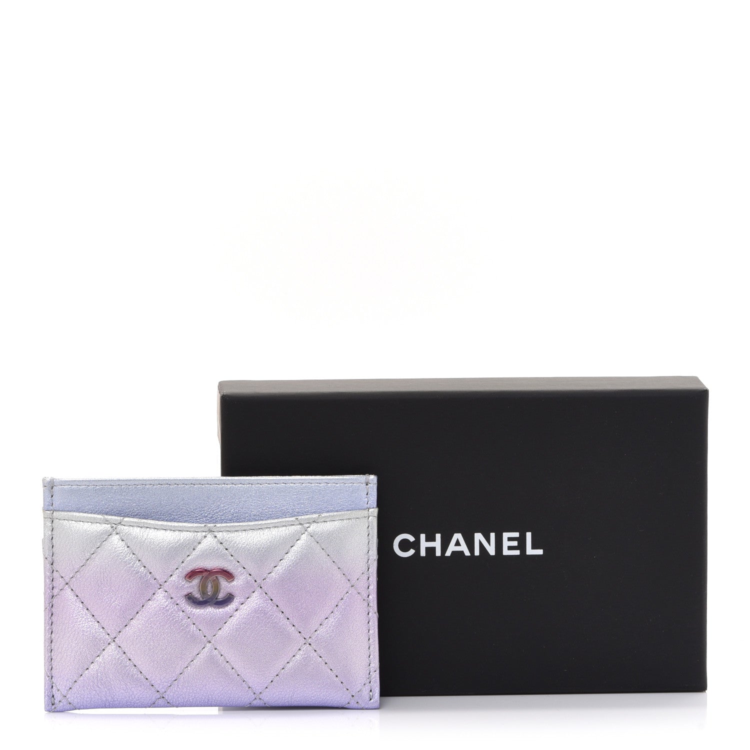 Chanel Gradient Metallic Calfskin Quilted Card Holder Silver Blue Yellow Purple 9 of 9